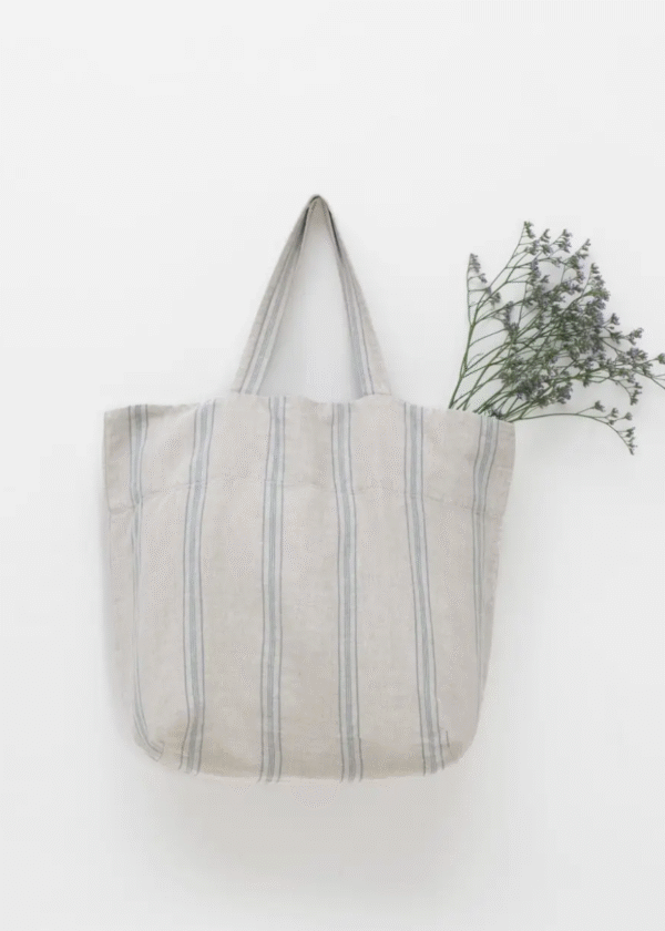 Linen Tote Grey Blue Large Stripe