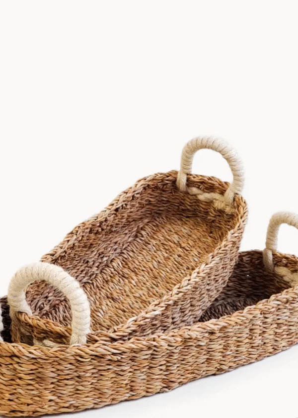 Handwoven Savar Bread Basket with White Handle-Set of 2