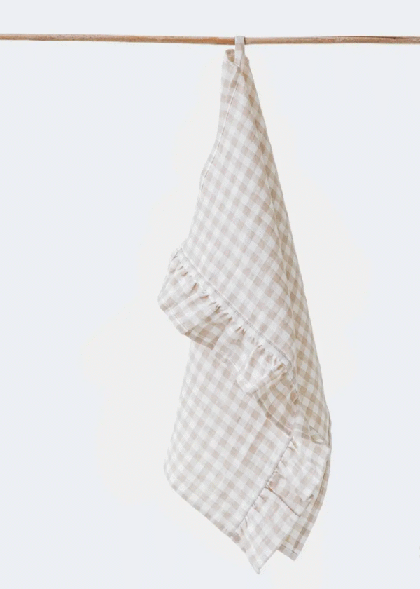 Ruffle Trim Linen Tea Towel in Natural Gingham | Kitchen Towel